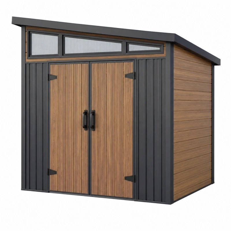 Abri de jardin 180 x 120 x 200 cm en plastique marron anthracite à double porte avec fenêtres