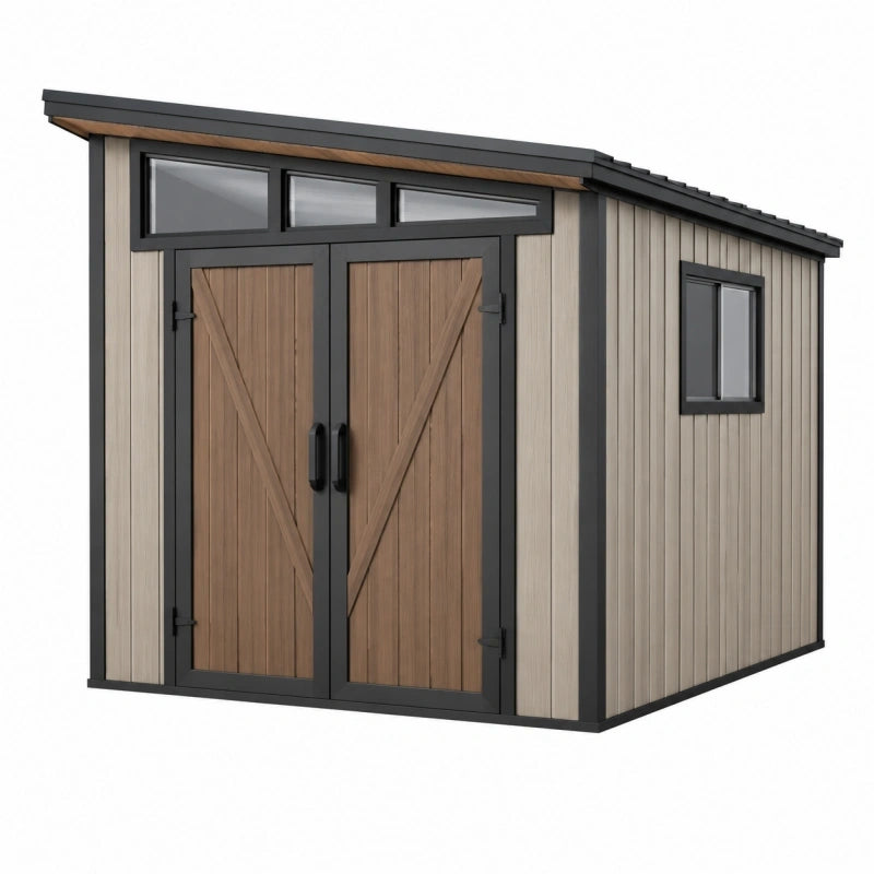 Abri de jardin 300 x 200 x 220 cm en panneaux effet bois beige et marron avec double porte et fenêtres