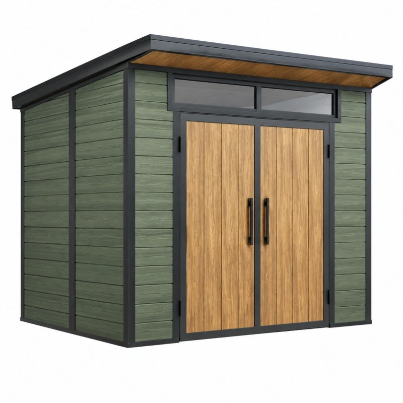 Abri de jardin 180 x 120 x 210 cm panneaux composites vert et bois style moderne avec double porte