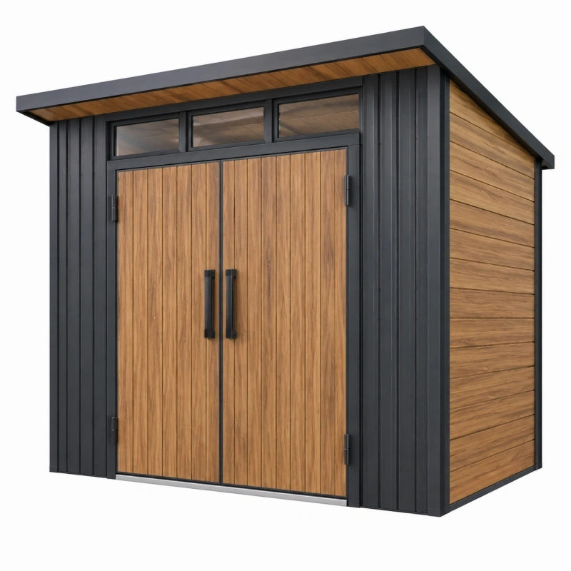 Abri de jardin 200 x 120 x 200 cm en métal noir et aspect bois avec double porte