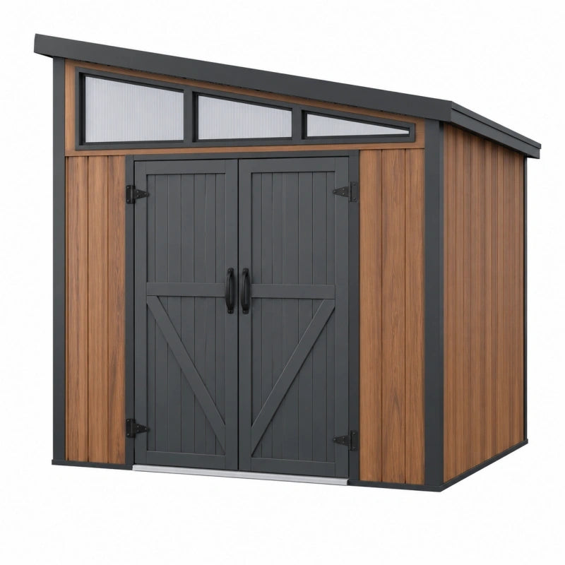 Abri de jardin 200 x 100 x 180 cm en panneaux synthétiques marron anthracite à double porte avec fenêtres