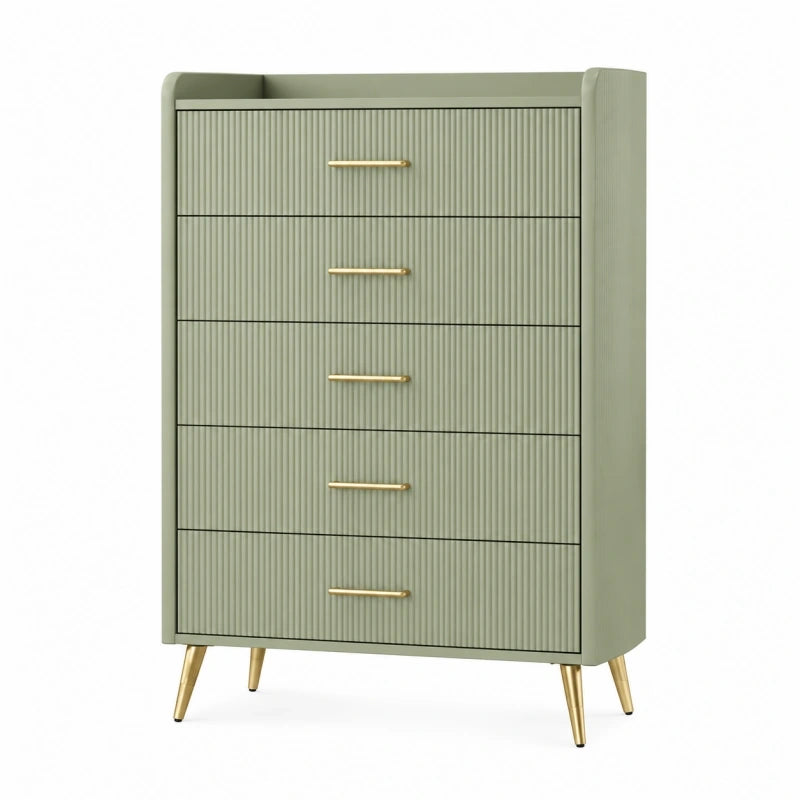 Commode 80 x 40 x 120 cm vert sauge à 5 tiroirs façade rainurée style contemporain