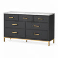 Commode 140 x 45 x 85 cm noire en bois avec plateau effet marbre et 7 tiroirs style contemporain