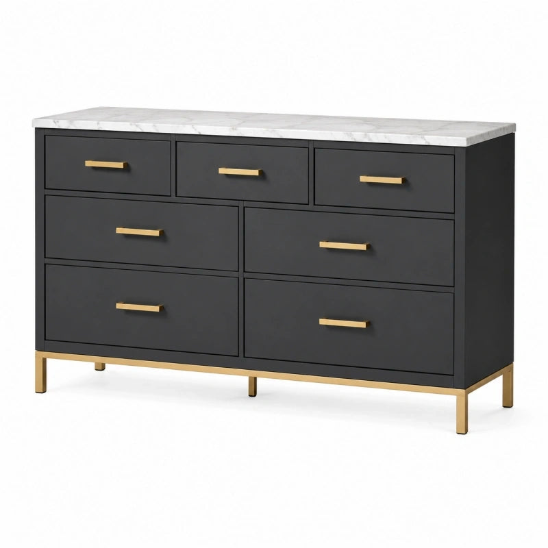 Commode 140 x 45 x 85 cm noire en bois avec plateau effet marbre et 7 tiroirs style contemporain
