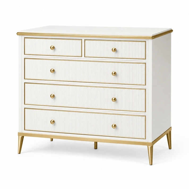 Commode 120 x 45 x 95 cm blanche et dorée en panneaux de bois avec 5 tiroirs style classique