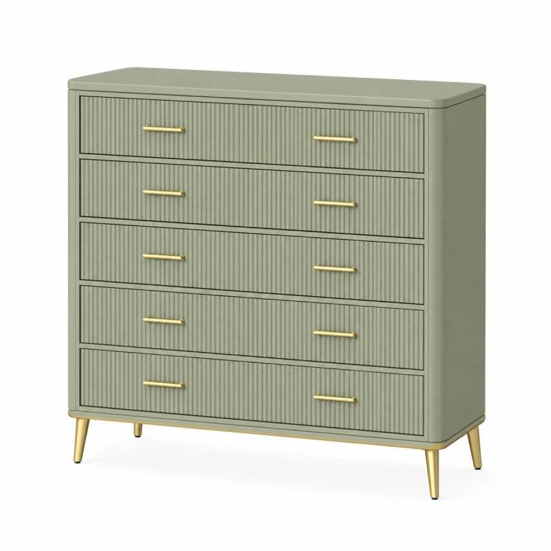 Commode 120 x 40 x 100 cm en panneaux de bois vert sauge à 5 tiroirs style contemporain