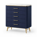 Commode 80 cm bleu marine en bois et plateau effet marbre style art déco