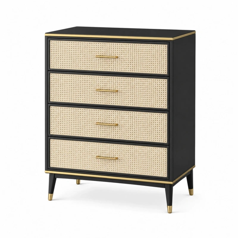 Commode 80 x 40 x 100 cm noire en bois et cannage naturel à 4 tiroirs style rétro