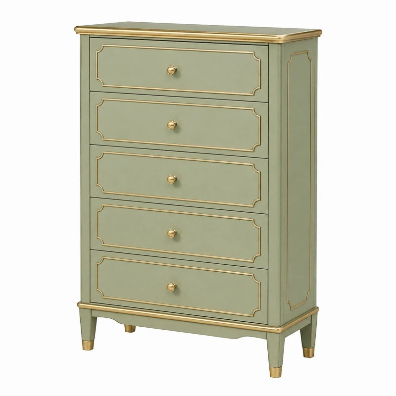 Commode 80 x 40 x 120 cm vert sauge en bois à 5 tiroirs style classique