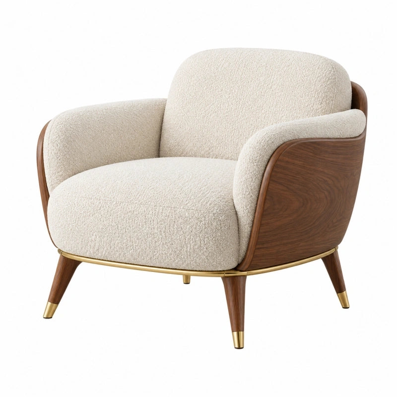 Fauteuil 85 x 80 x 78 cm en tissu bouclette crème et bois style moderne