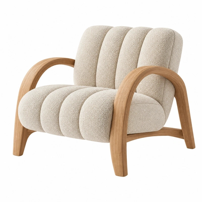 Fauteuil 76 x 78 x 82 cm en tissu bouclette écru et bois naturel style contemporain