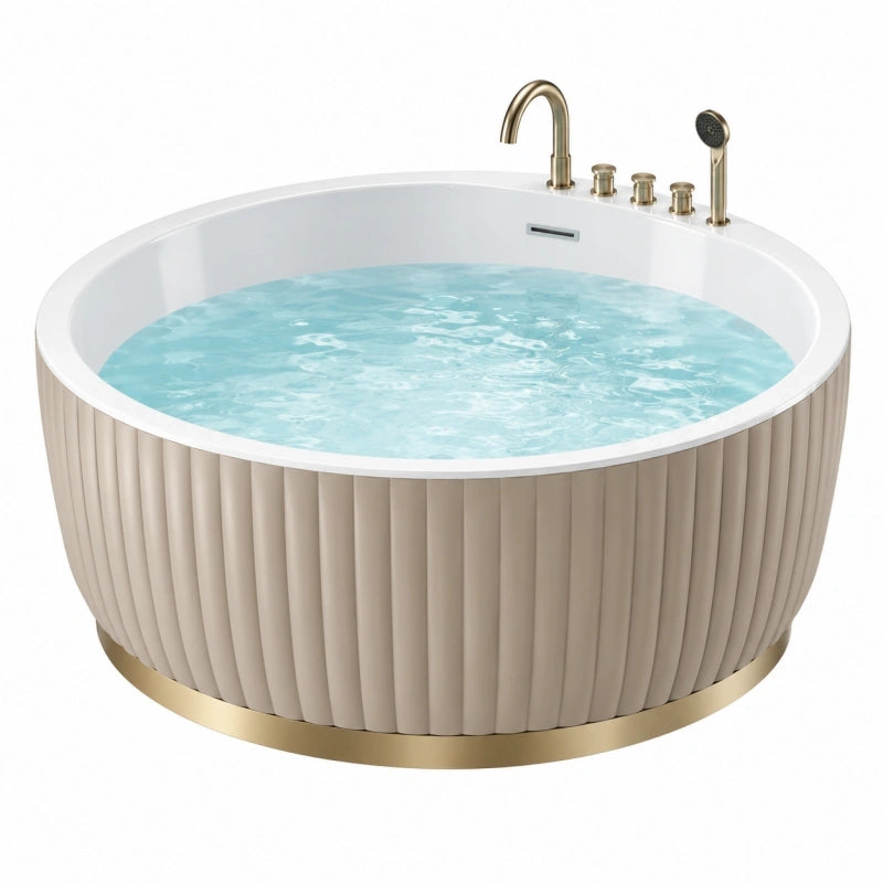 Baignoire îlot ronde diamètre 150 cm acrylique blanc robinetterie dorée style contemporain