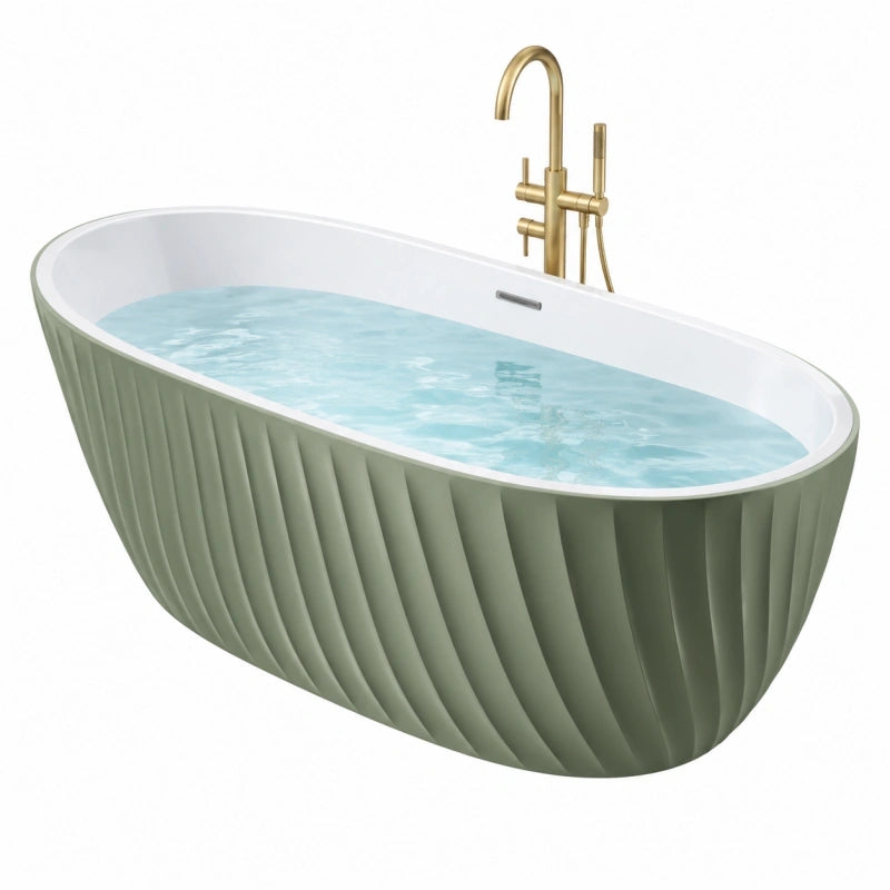 Baignoire îlot ovale 170 x 75 cm en acrylique vert sauge et blanc style sculpté
