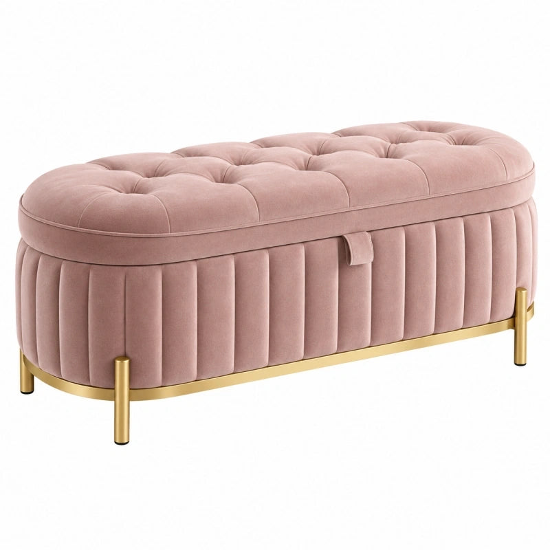 Banquette coffre 120 x 45 x 45 cm rose poudré en velours avec pieds dorés style capitonné
