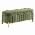 Banquette coffre 120 x 45 x 48 cm en velours vert olive avec pieds dorés rangement capitonné