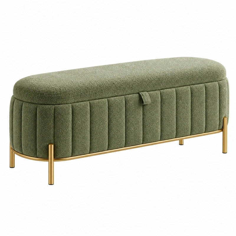 Banc coffre 120 x 45 x 45 cm en tissu bouclette vert avec pieds métalliques style contemporain