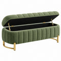 Banc coffre 120 x 45 x 50 cm en tissu bouclette vert avec pieds métalliques dorés style contemporain