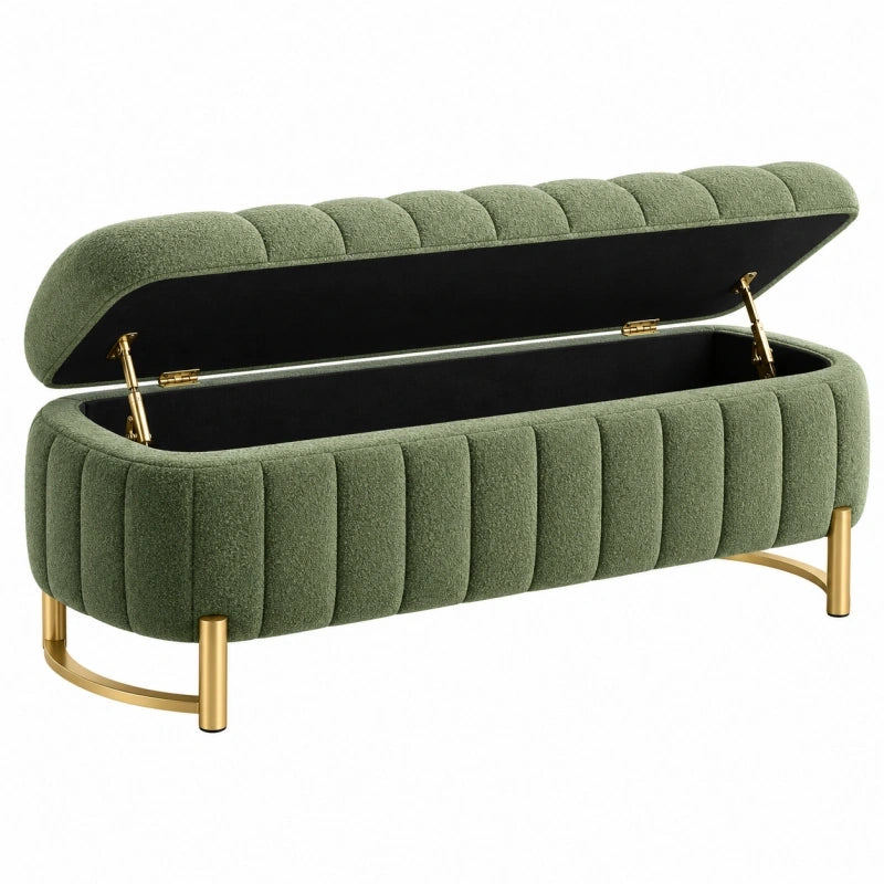 Banc coffre 120 x 45 x 50 cm en tissu bouclette vert avec pieds métalliques dorés style contemporain