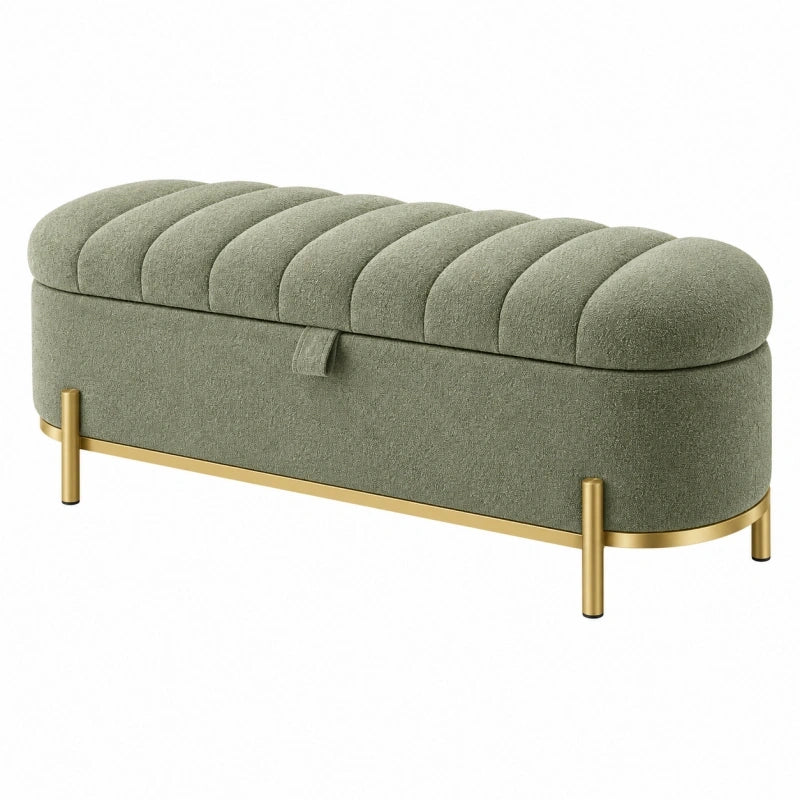Banc coffre 120 x 45 x 50 cm en tissu vert kaki avec pieds métalliques dorés contemporain