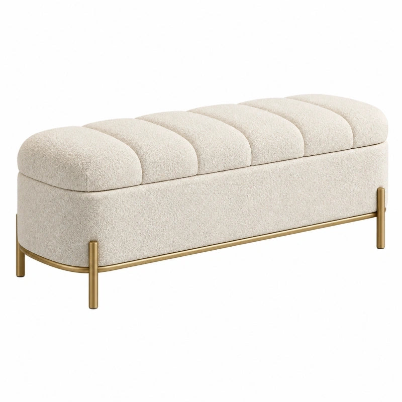 Banc coffre 120 x 45 x 48 cm en tissu bouclette écru et métal doré style contemporain